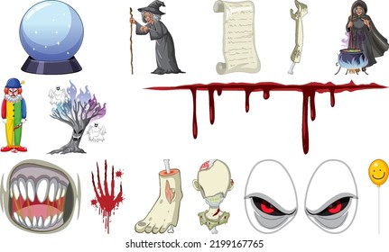 Set of horror halloween objects and cartoon characters illustration