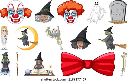 Conjunto de objetos de horror de Halloween e ilustración de personajes de caricatura