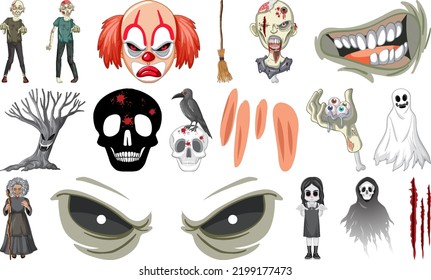 Set of horror halloween objects and cartoon characters illustration