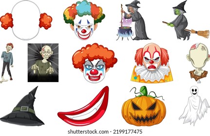 Set of horror halloween objects and cartoon characters illustration