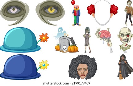 Set of horror halloween objects and cartoon characters illustration