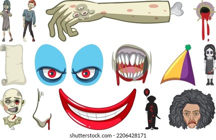 Set of horror halloween objects and cartoon characters illustration