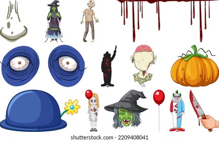 Set of horror halloween objects and cartoon characters illustration