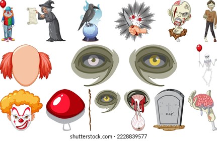 Conjunto de objetos de horror de Halloween e ilustración de personajes de caricatura
