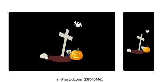 Set of horror Halloween wallpaper background for PC, Mobile 31st October. scary pumpkin, skull, bats, cross vector illustration.