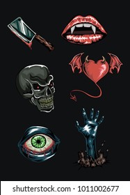 Set of horror icons. Vector set of scary stickers with Bloody  knife, vampire lips, skull, devil heart,  eye and zombie hand