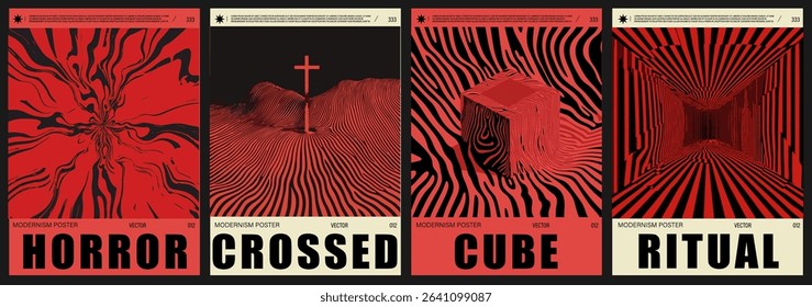 Set of horror modern vector posters in Op Art style, featuring swirling lines and bold abstract shapes. The compositions have strong movement and depth with stripes forming spirals, and vortexes.