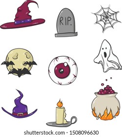 Set of horror vector creepy art for Halloween. Autumn holiday cartoon pack design, illustration: witch hat, spooky ghost, flying bat, moon, candle, eye, gravestone, spiderweb, pot of potion