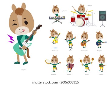 A set of Horse boy playing rock 'n' roll and pop music.It's vector art so it's easy to edit.