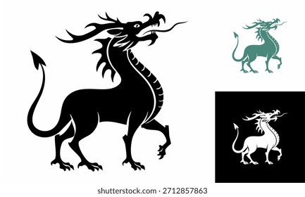Un conjunto de siluetas de caballos y ciervos y una Ilustración vectorial de un animal dragón de fantasía salvaje para un diseño de tatuaje negro, patrón y símbolo de emblema de decoración