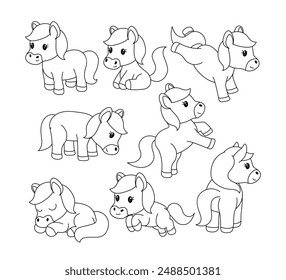 Set of horse doodle collection, horse outline coloring page or book animals for kindergarten, Vector line art set of animals wildlife, Hand drawn, Minimal horse line art doodle in different pose.