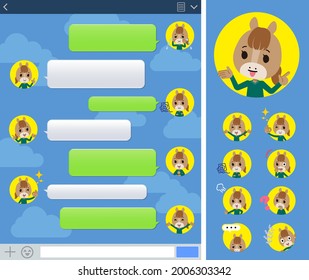 A set of Horse girl with expresses various emotions on the SNS window.It's vector art so it's easy to edit.