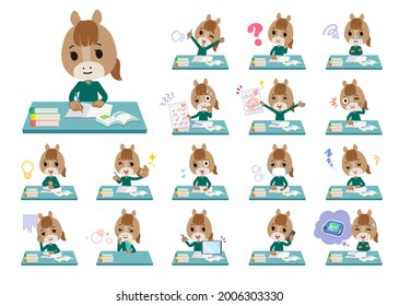 A set of Horse girl on study.It's vector art so it's easy to edit.