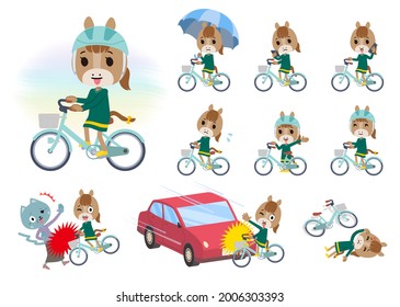 A set of Horse girl riding a city cycle.It's vector art so it's easy to edit.