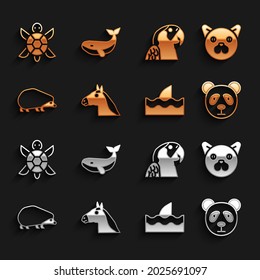 Set Horse head, Cat, Cute panda face, Shark fin in ocean wave, Hedgehog, Macaw parrot, Turtle and Whale icon. Vector