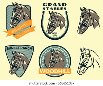 Set of horse head logo, badges and emblems isolated on white background. Horse stables and equestrian logo design.