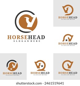 Conjunto de Caballo cabeza logo diseño Vector. Concepto de logotipo de ilustración de caballo