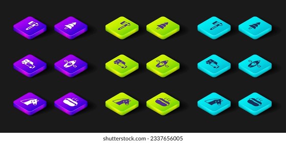 Set Horse, Hotdog sandwich, Car, Kayak paddle, Tree and Wooden axe icon. Vector