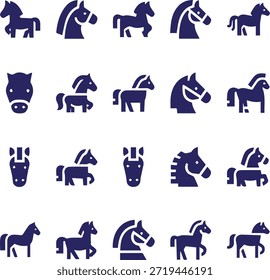 Set of horse icons featuring a cute cartoon design and wildlife silhouettes, including an elephant, zebra, and giraffe in a vector illustration for farm and nature animal symbols