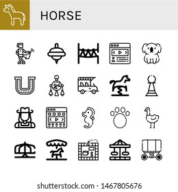 Set of horse icons such as Horse, Medieval, Spinning top, Rope park, Carousel, Koala, Horseshoe, Mobile toy, Safari, Spring swing horse, Pawn, Cowgirl, Seahorse, Animal ,