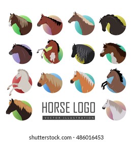 Set of horse logo. Vector in flat style. Variety horse heads in colored circles. Collection of horse icons for equestrian club, horse riding courses, web page design. Isolated on white background