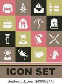 Set Horse, Oars paddles boat, Christmas mittens, Iceberg, Walrus animal, Hotdog sandwich, Sweater and Pickaxe icon. Vector