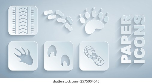 Set Horse paw footprint, Bear, Alligator crocodile, Human footprints shoes,  and Tire track icon. Vector