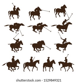 Set of horse polo players. Images of riders silhouettes. Vector illustration isolated on white background