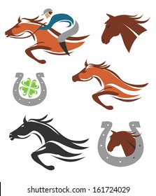 Set of horse racing icons and symbols. Vector illustration. 