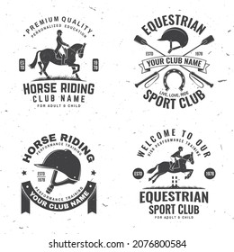 Set of Horse racing sport club badges, patches, emblem, logo. Vector illustration. Vintage monochrome equestrian label with rider and horse silhouettes. Horseback riding sport. Concept for shirt or