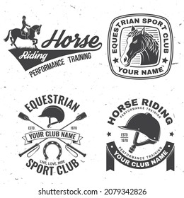 Set of Horse racing sport club badges, patches, emblem, logo. Vector illustration. Vintage monochrome equestrian label with rider and horse silhouettes. Horseback riding sport. Concept for shirt or