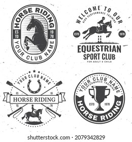 Juego de insignias del club deportivo de carreras de caballos, parches, emblema, logotipo. Ilustración vectorial. Etiqueta monocromática de vintage ecuestre con siluetas de jinete y caballo. Deporte de equitación. Concepto de camisa o