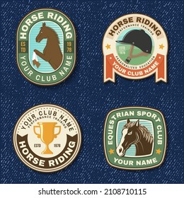 Set of Horse racing sport club badge, patch, emblem, logo. Vector illustration. Vintage equestrian label, sticker with rider and horse silhouettes. Horseback riding sport