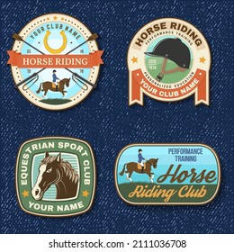 Set of Horse racing sport club badge, patch, emblem, logo. Vector illustration. Vintage equestrian label, sticker with rider and horse silhouettes. Horseback riding sport