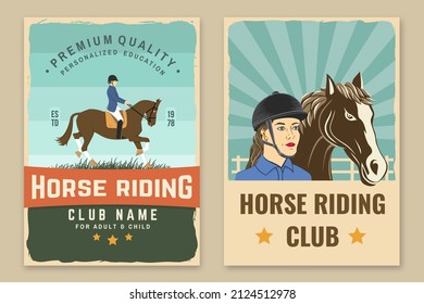 Afiches retro del club deportivo de carreras de caballos. Ilustración vectorial. Sello ecuestre vintage, pegatina con siluetas de jinete y caballo.