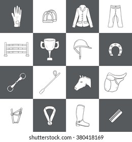 Set of horse riding objects. Show jumping concept with horse equipment (saddle, spurs, brush), rider clothes (helmet, jacket, pants), barrier, prize. Equestrian competition. Healthy outdoor activity