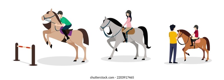 Set of horse riding people in cartoon style. Vector illustration of girls and guys who jump over barriers on horseback, teach children to ride on white background.