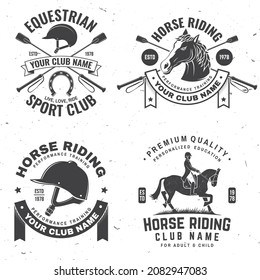 Set of Horse riding sport club badges, patches, emblem, logo. Vector illustration. Vintage monochrome equestrian label with rider and horse silhouettes. Horseback riding sport. Concept for shirt or