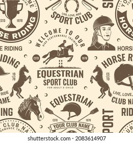 Set of Horse riding sport club seamless pattern. Vector illustration. Vintage monochrome equestrian background with rider and horse silhouettes. Horseback riding sport. Concept for pattern background