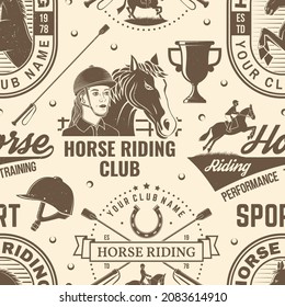 Set of Horse riding sport club seamless pattern. Vector illustration. Vintage monochrome equestrian background with rider and horse silhouettes. Horseback riding sport. Concept for pattern background