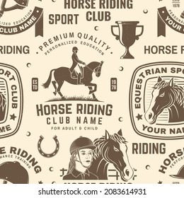 Set of Horse riding sport club seamless pattern. Vector illustration. Vintage monochrome equestrian background with rider and horse silhouettes. Horseback riding sport. Concept for pattern background