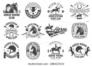 Set of Horse riding sport club badges, patches, emblem, logo. Vector illustration. Vintage monochrome equestrian label with rider, helmet and horse silhouettes. Horseback riding sport. Concept for