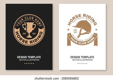 Set of Horse riding sport club flyer, brochure, banner, poster. Vector illustration. Vintage monochrome equestrian label with rider, helmet and horse silhouettes. Horseback riding sport.