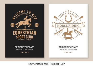 Set von Reitsport-Club Flyer, Broschüre, Banner, Poster. Vektorgrafik. Vintage monochrome Reitschild mit Reiter, Reittier und Pferdesilhouettes. Reitsport.