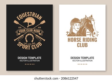 Set of Horse riding sport club flyer, brochure, banner, poster. Vector illustration. Vintage monochrome equestrian label with rider, riding crop and horse silhouettes. Horseback riding sport.