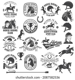 Set of Horse riding sport club badges, patches, emblem, logo. Vector illustration. Vintage monochrome equestrian label with rider, helmet and horse silhouettes. Horseback riding sport. Concept for