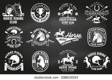 Set of Horse riding sport club badges, patches, emblem, logo. Vector illustration. Vintage monochrome equestrian label with rider, helmet and horse silhouettes. Horseback riding sport. Concept for