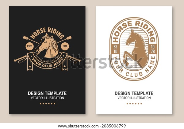 Set of Horse riding sport club flyer, brochure,\
banner, poster. Vector illustration. Vintage monochrome equestrian\
label with rider, riding crop and horse silhouettes. Horseback\
riding sport.