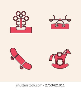 Set Horse in saddle swing, Ferris wheel, Seesaw and Skateboard trick icon. Vector
