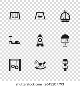 Set Horse in saddle swing, Hopscotch, Rocket ship toy, Attraction carousel, Swings for kids,  and Bumper icon. Vector